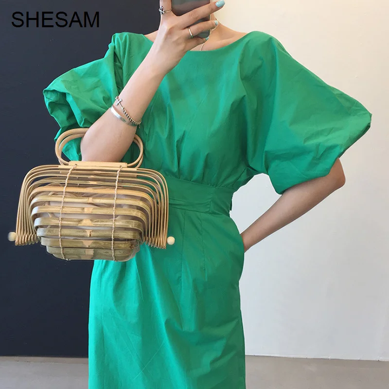

Dress Korean Chic Candy Color White Round neck dress woman Care Open Back Lace Up Waist Lantern Sleeve Split Dress