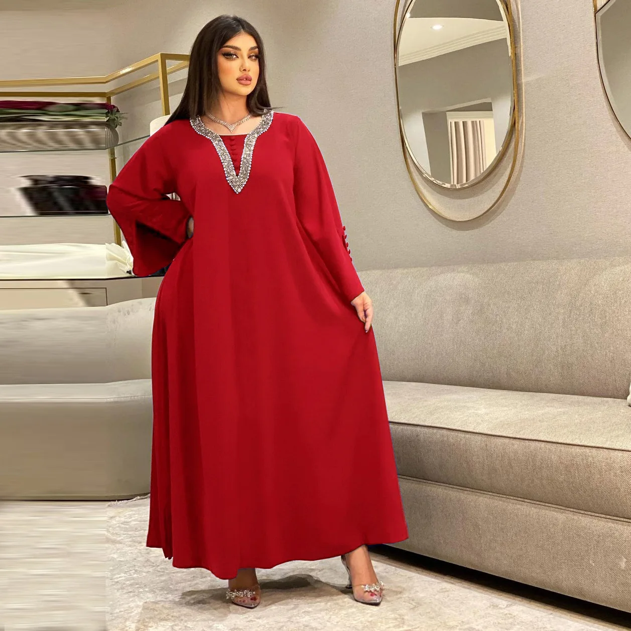 Morocco Party Dress for Women Fashion Diamonds Button Decoration Long Sleeve Party Prom Dress Ramadan Muslim Women Maxi Vestidos