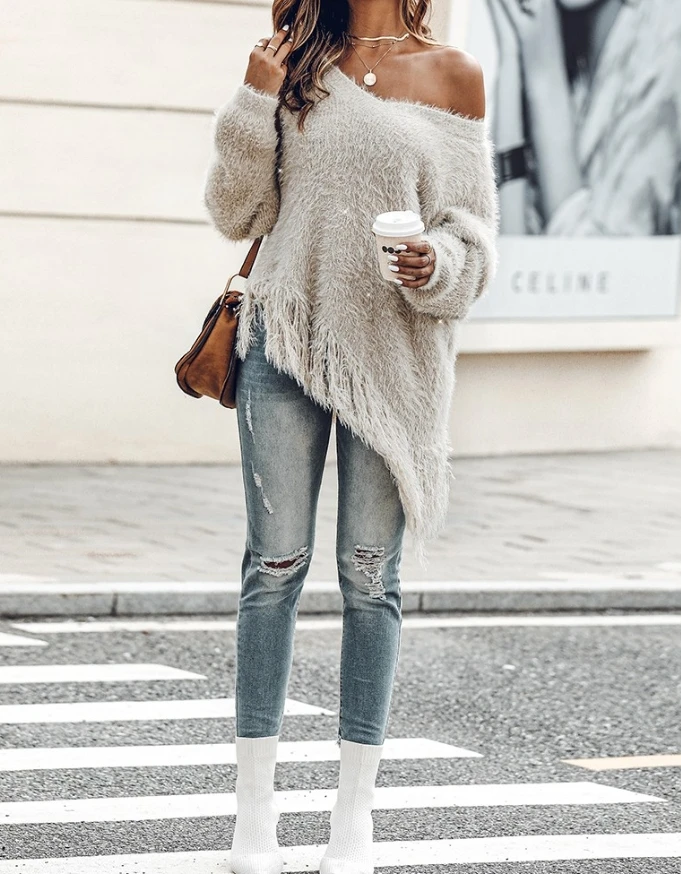 Женская одежда свитер с v-образным вырезом и длинными рукавами пуловеры бахромой