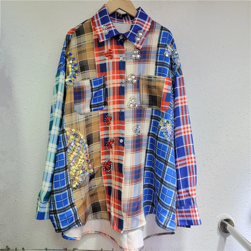 WTHT модные новые женские рубашки в клетку с яркими бриллиантами 2024 зимняя