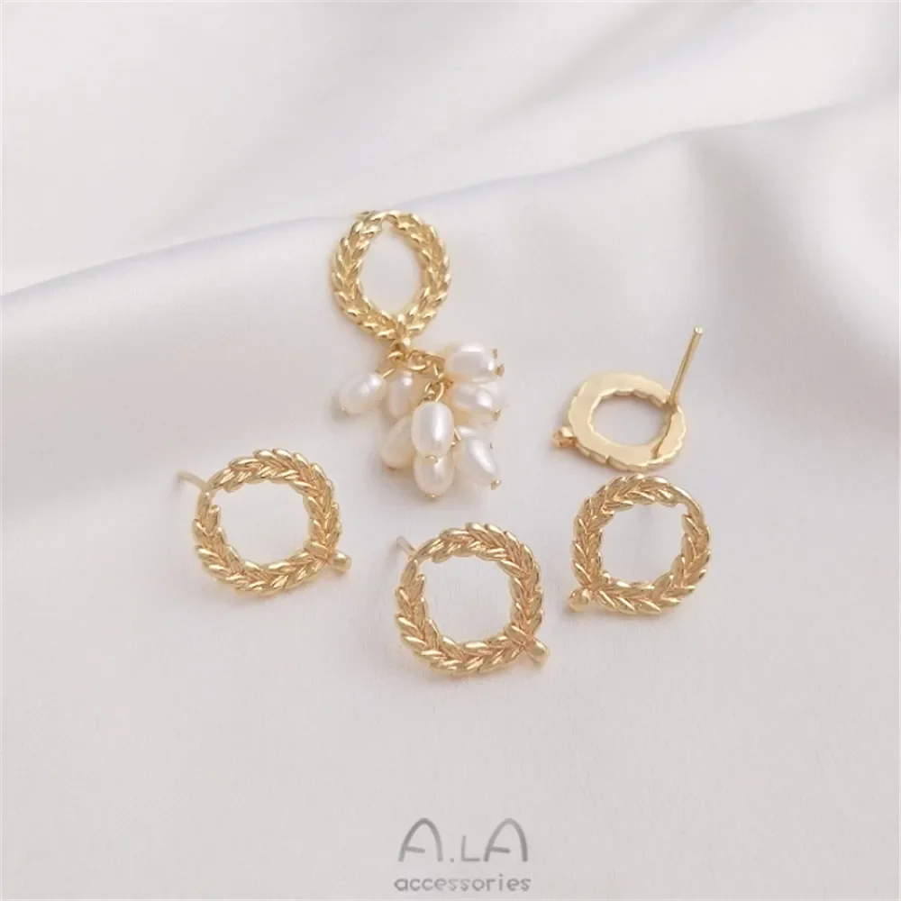 Серьги из пшеницы в золоте 14 карат с подвесными серебряными иглами 925 пробы