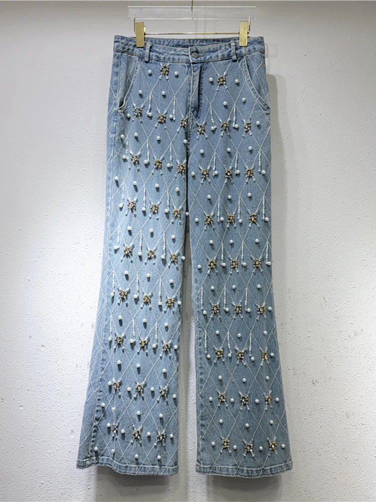 Женские джинсы с высокой талией DEAT прямые брюки из денима в клетку бусинами и