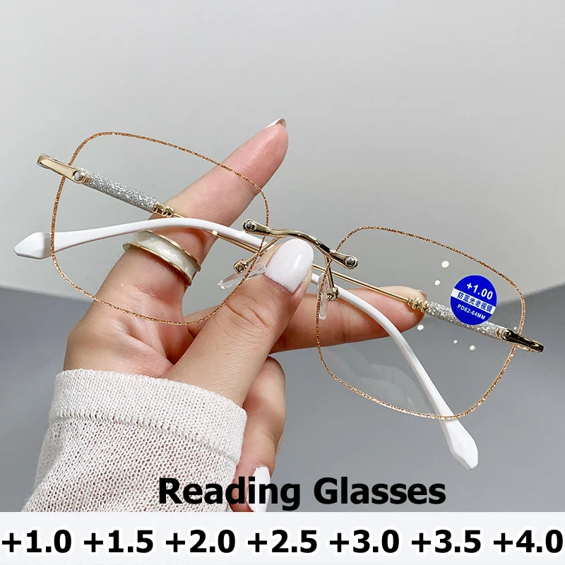 

Очки для чтения с защитой от синего света для женщин, очки унисекс без оправы с алмазной огранкой, оптические очки для дальнозоркости с диоптриями