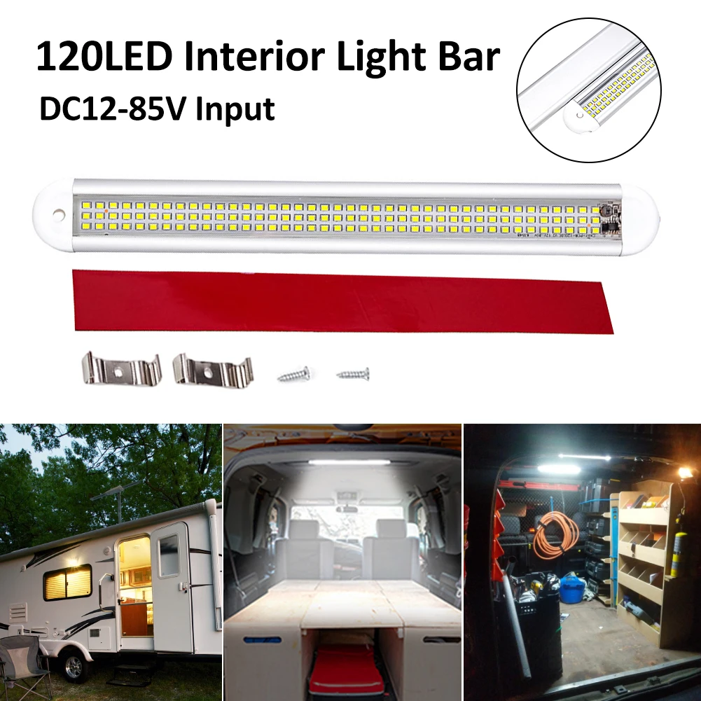 

12V-85V Interior Light Bar 120LED 1800LM 12W LED Light Strip with Switch Dome Lights 6500K White for RV Camper Van Truck Trailer