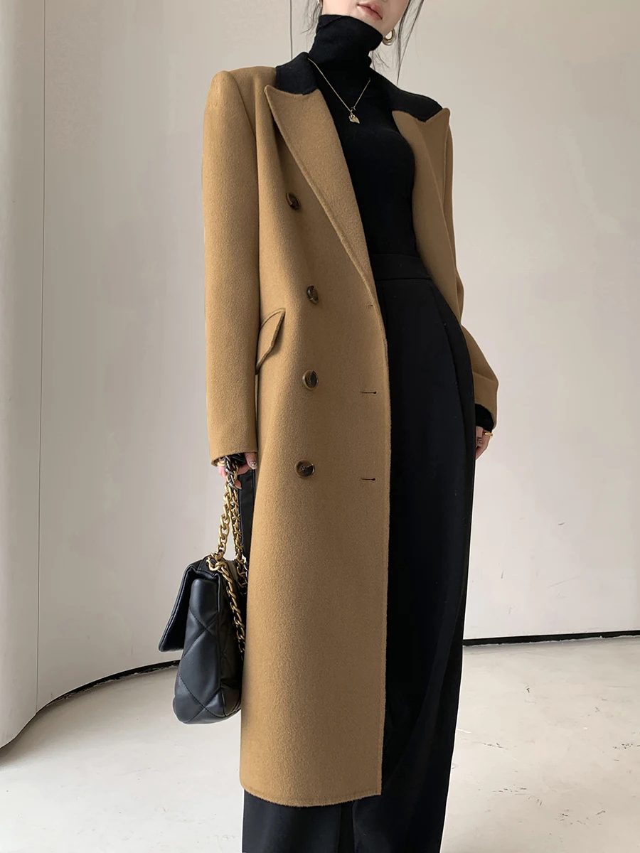 Женское двубортное пальто верблюжьего цвета классическое шерстяное составного