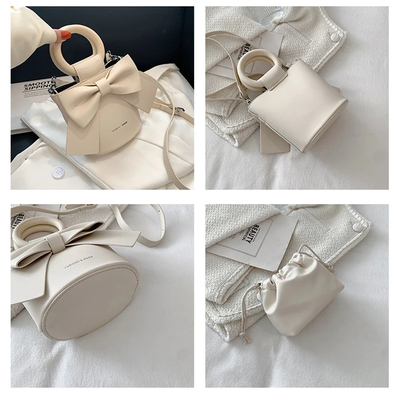 Women's Bag 2022 Trend New Solid Wood Ring Solid Color PU Portable Bucket Bag Fashion Bow One Shoulder Messenger Bag