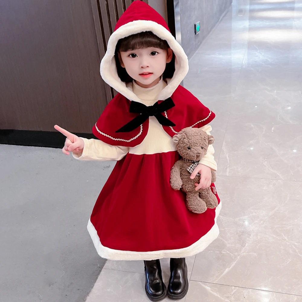 

0-5T Girls Christmas Dress Set Long Dress and Shawl 2pc Set Winter Plush Childen Sets Fashion Christmas Red Set for Girls
