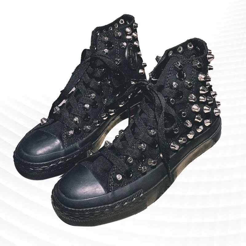 

Black canvas shoes rivets high-top comfortable walking handmade rivets low-top unisex sneakers rivet shoes 35-46