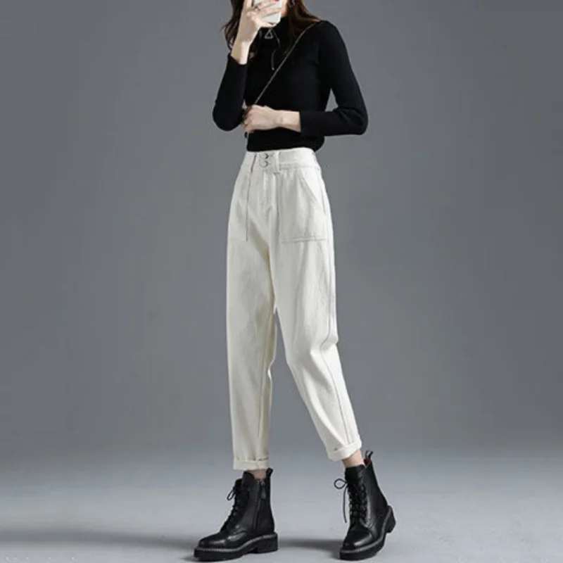 Spring Elastic High Waist Jeans Women 2023 Autumn Loose Slim Cropped Tappered Pants Apricot High Waist Harem Pants Female