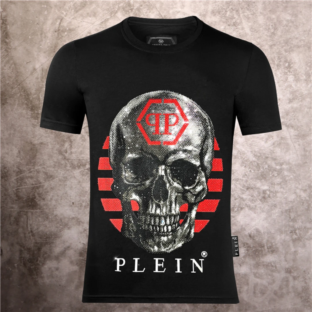 

2023 Classic Vintage Retro Plein Design Diamond Brand Shirt Summer Style Cotton Rhinestone O-Neck Brilliant T-shirt for Men