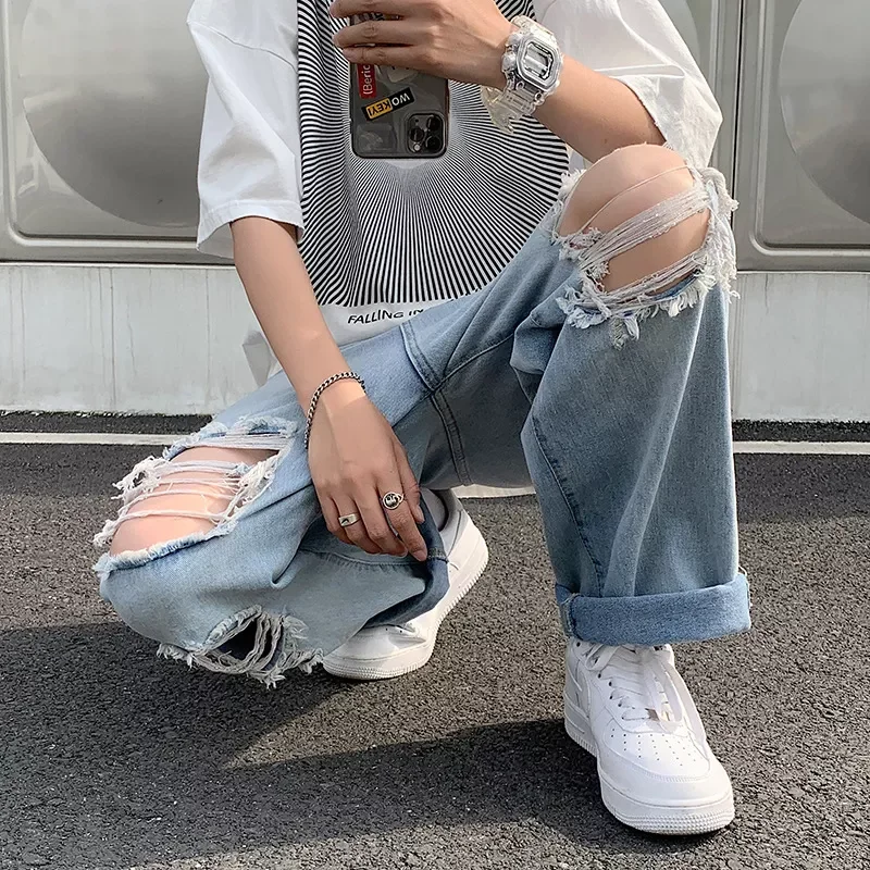 2022New Street Ripped Jeans Male Ins Tide Brand Hip-hop Wide-leg Pants Summer Thin Section Straight Loose Casual Old Pants