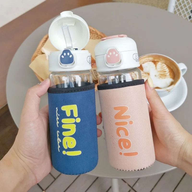 

Cute Straw Cup with Cup Sleeve High and Low Temperature Resistance Cartoon Glass Cup Borosilicate Glass Students Water Bottle