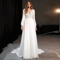 weilinsha floor length appliques wedding dress with long sleeves v neck bridal gowns court train lace button back bridal dresses