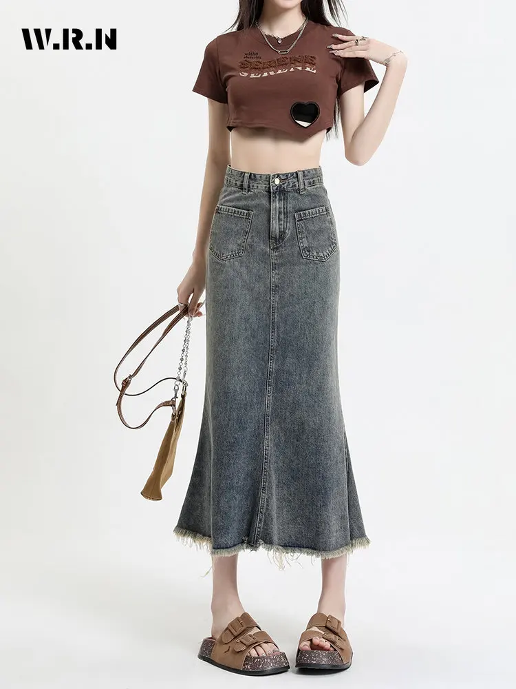 

Женская джинсовая юбка с завышенной талией, голубая Повседневная трапециевидная юбка в винтажном стиле Харадзюку, модель Y2K на лето, 2023