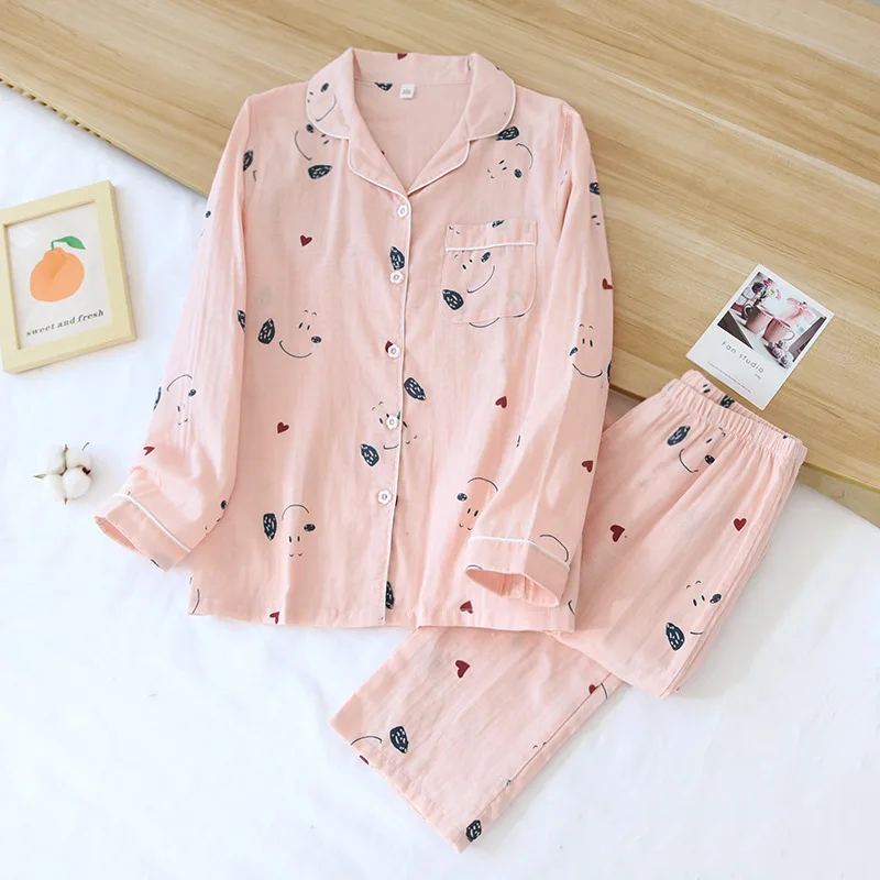 

New Women's Pajamas Cotton Sleepwear Set Long Sleeve Trousers Cartoon Pink Homewear Female Summer Thin Breathable Home Suit