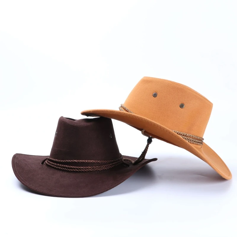 

Faux Suede Western Cowboy Hat with Windproof Rope Wide Brim Jazz Hat Cowgirl Hat Asummer stage knight hat sunshade men hat