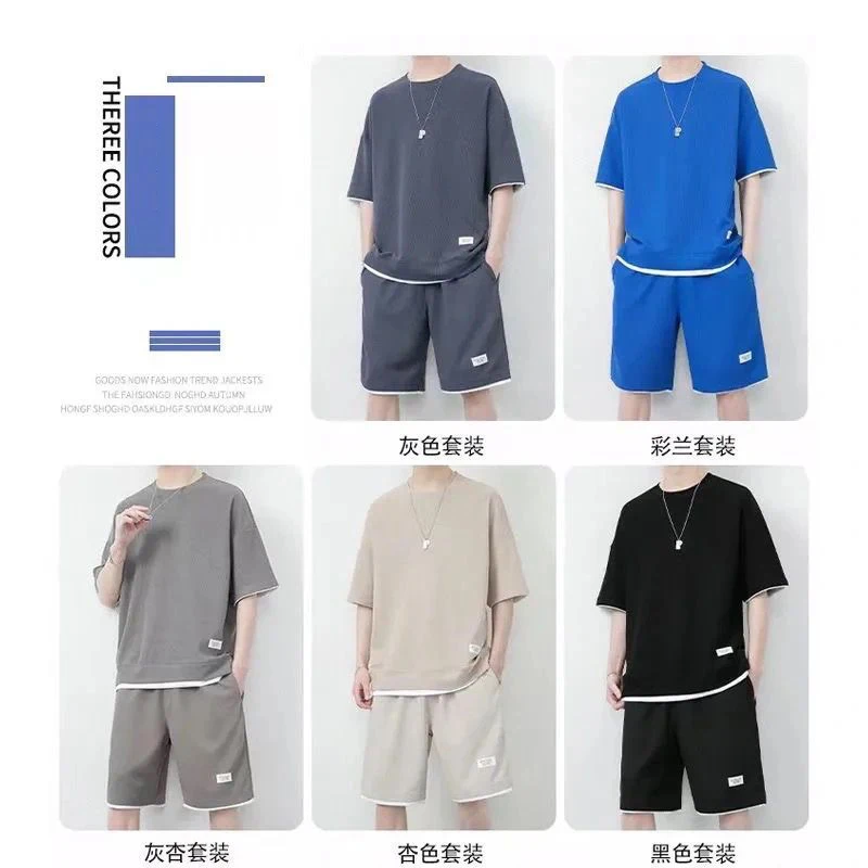 Summer new men's suit high-quality waffle fabric short-sleeved T-shirt   shorts set fashion men's large size short-sleeved suit