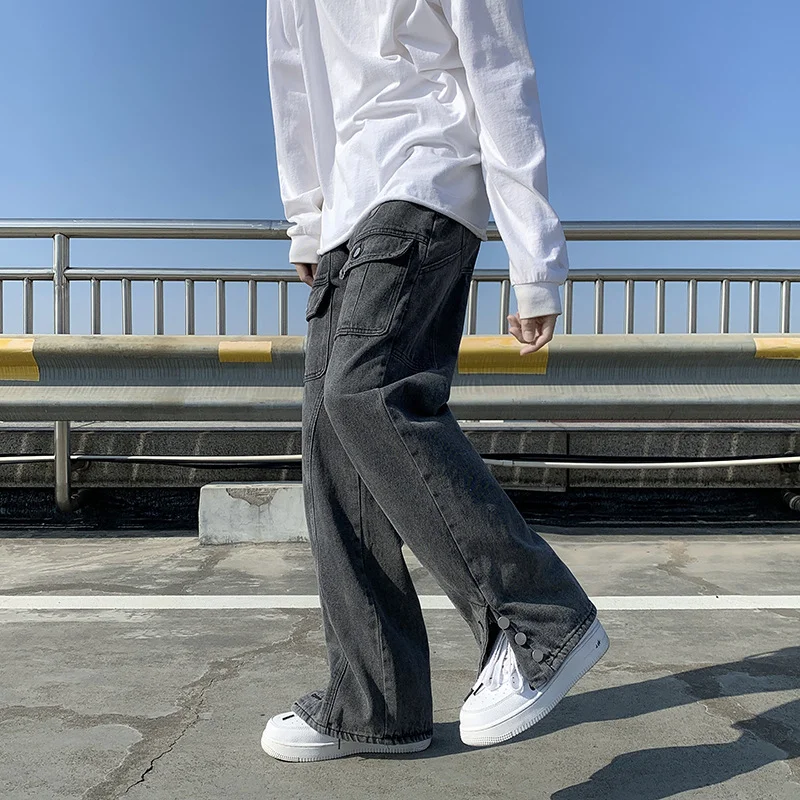 DEEPTOWN Black Cargo Jeans Men Retro Straight Denim Pants Pockets Button Trousers Male Fashion Streetwear Hip Hop Korean Spring