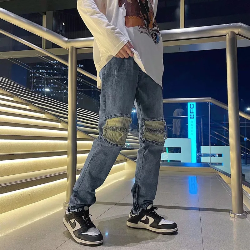 Summer Blue Skinny Jeans Men Slim Fashion Casual Ripped Straight Jeans Men Streetwear Hip Hop Hole Denim Pants Mens Trousers