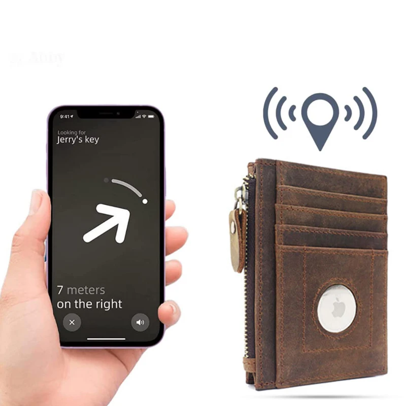 Airtag Wallet Genuine Leather Credit Card Holder for Men RFID Zipper Coin Pocket Airtag Case Mens Wallets Air Tag Cover