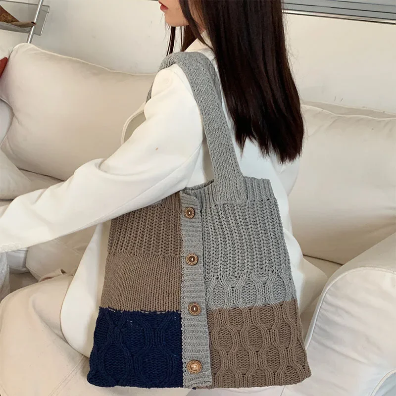 

Vintage Knitted Bag Woven Bag Simple and Fashionable Woolen Bag Women's Handheld Shopping Bag