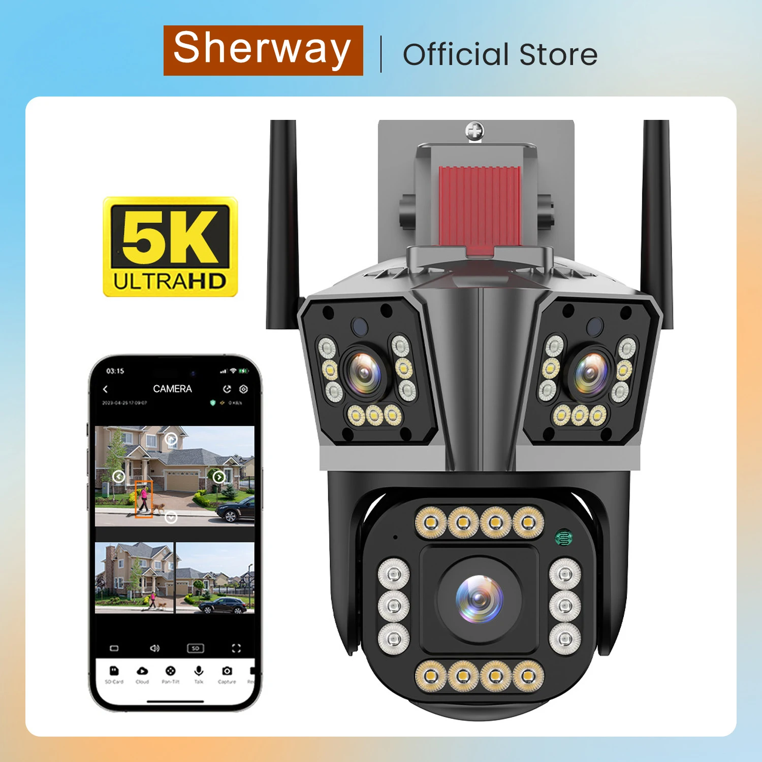 

Sherway Q323 WIFI IP Camera 5K HD Three Lens PTZ Camera Outdoor 2K Dual Lens Motion Detection Security Camera Waterproof