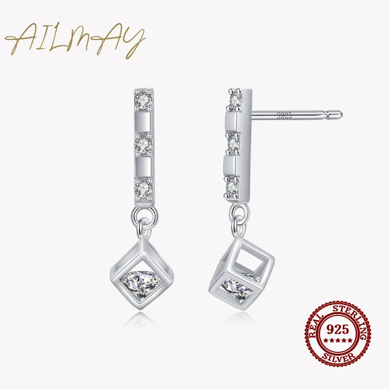 

Ailmay Real 925 Sterling Silver Classic Swing Sparkling CZ Dangle Ear Drop Earrings For Women Wedding Engagement Jewelry Gift