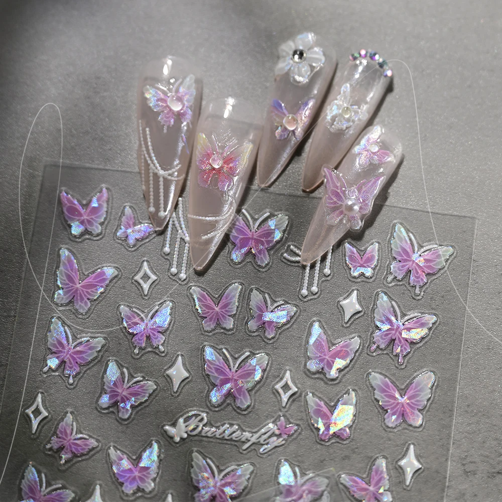 1Pcs 5D Aurora Shell Butterfly Nail Sticker Ice-Transparent Pink Purple Butterfly/Snowflake Decal DIY Xmas Slider