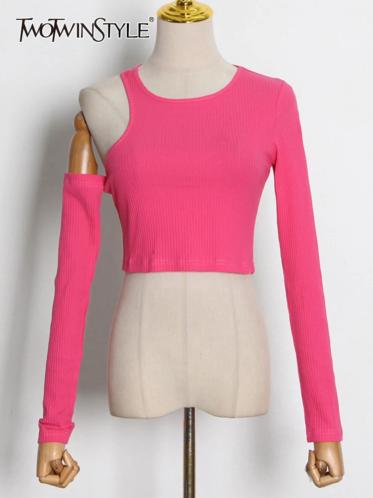 

TWOTWINSTYLE Skinny Cut Out T Shirt For Women Round Neck Long Sleeve Solid Knitting T Shirts Female Summer Clothing Style New