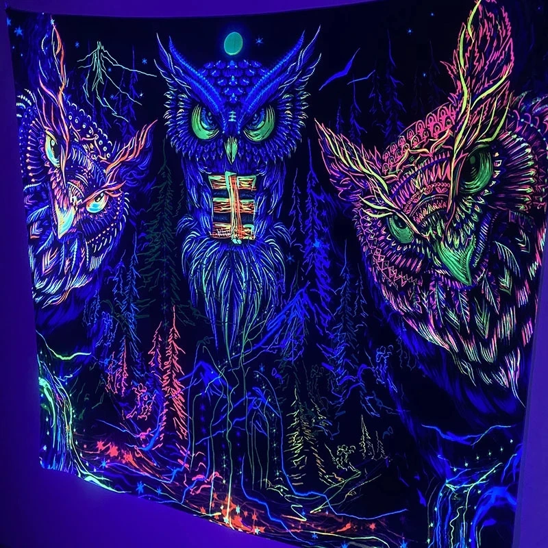 

Fluorescent Tapestry Psychedelic Mushroom night owl Hanging Cloth Wall Art Decor Home Decoration Background Luminous Tapestry