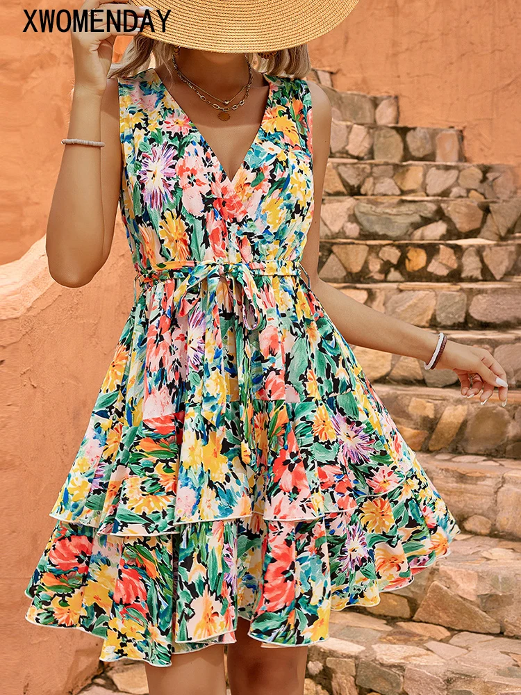 

Summer Sexy Floral Print Short Dress Women Casual Backless Bandage Beach Sundress Fashion V Neck Cupcake New In Dresses 2023