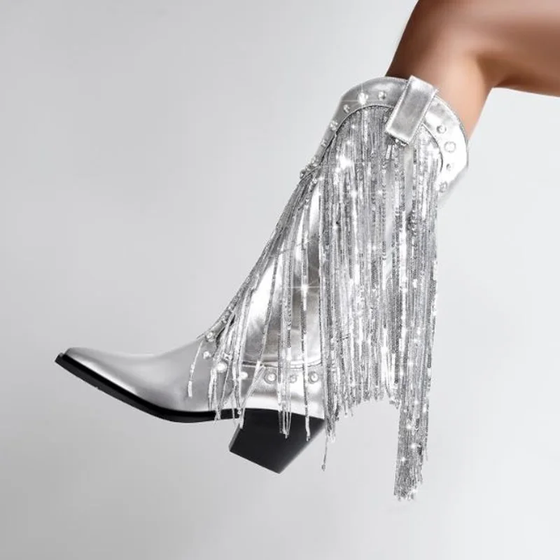 

Paillette Sequin Fringe Knee High Boot Silver Metallic Leather Block Heels Chelsea Boots Pointed Toe Studded Pearls Tassels Boot