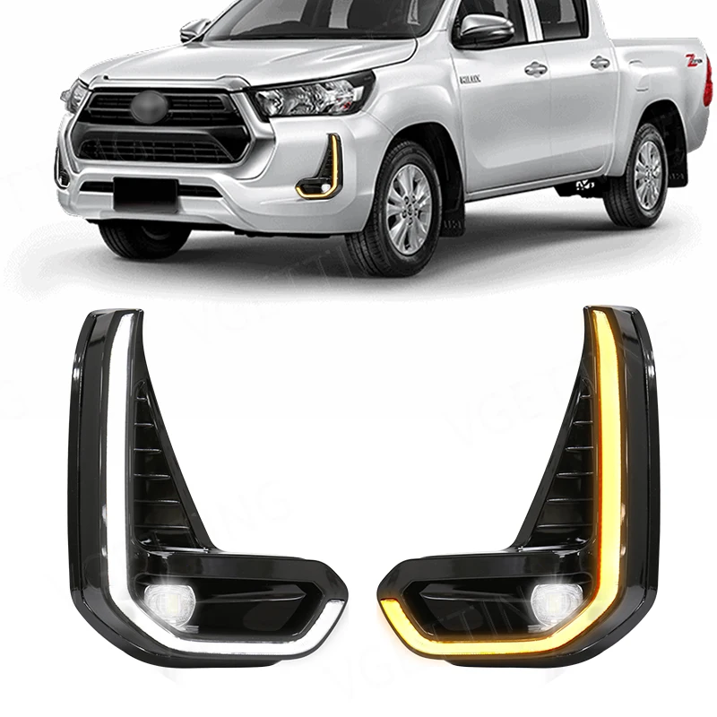 Фото DRL светодиодная противотуманная фара для Toyota Hilux Revo 2020 2021 дневные ходовые огни бампер Вождение водонепроницаемый сигнал поворота провода пе... №1