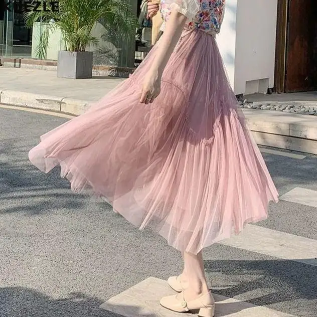 

2022 Pink Mesh Vintage Bohemian Tulle Long Skirt Women Elastic High Waist A-line Pleated Mesh Skirt Linging Female Jupe Longue