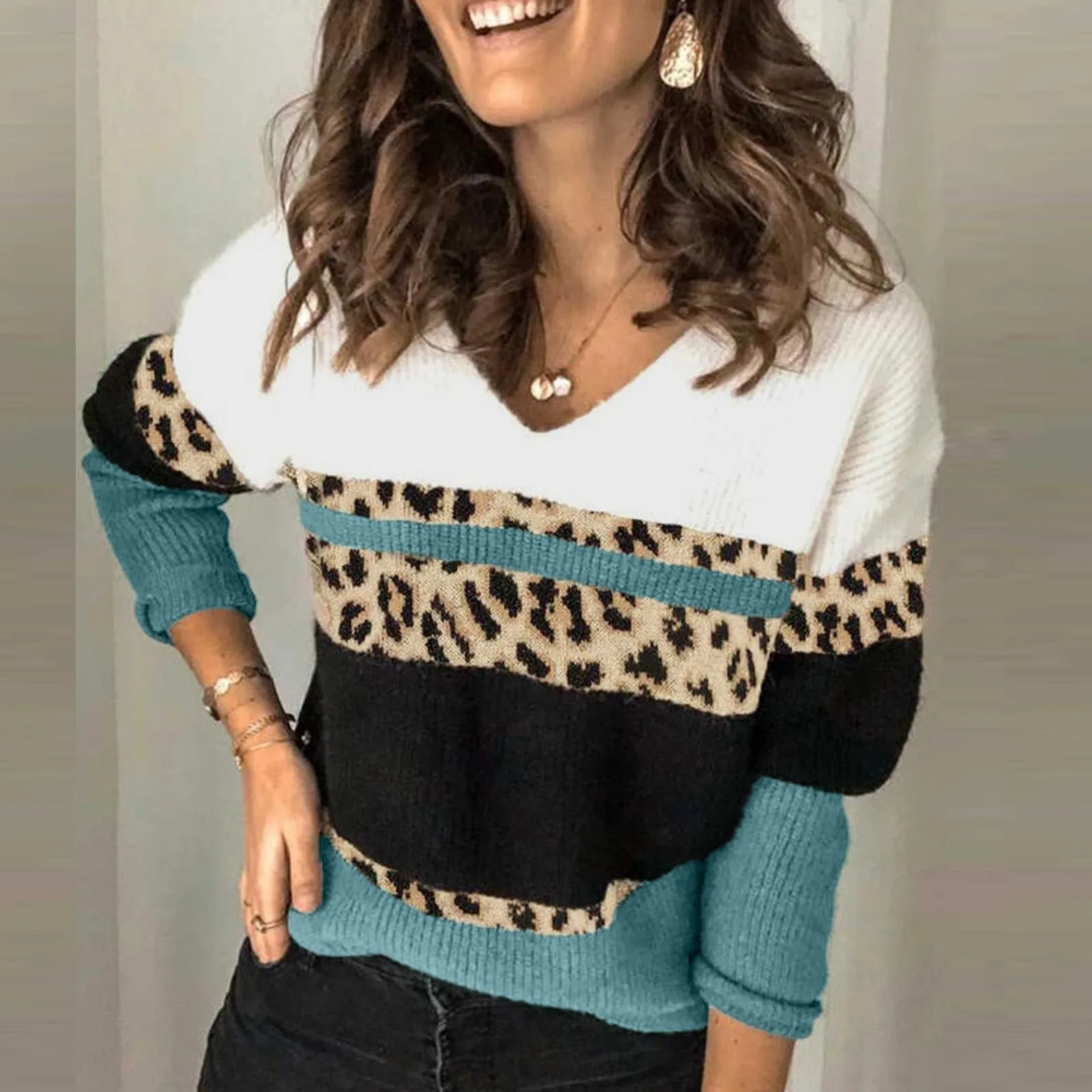 

Женский свитер с леопардовым принтом, джемпер в полоску, свитер с круглым вырезом, топы с длинным рукавом, вязаный пуловер, теплая осенне-зимняя одежда для женщин