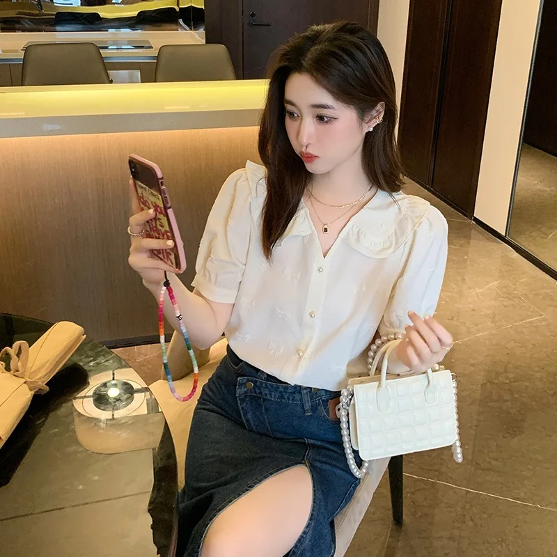 

Женская блузка с бантом и коротким рукавом-фонариком, однотонная Элегантная блузка в Корейском стиле, лето 2022