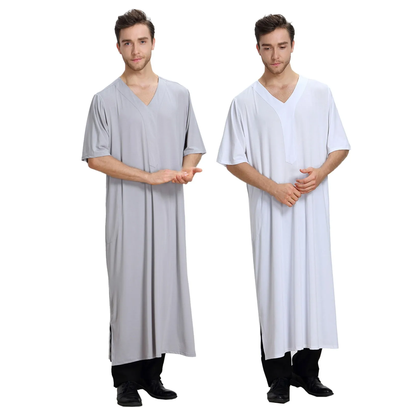 Men's Casual Muslim Arab Middle Solid Color Seven Point V Neck Robe social dress shirts Pullovers