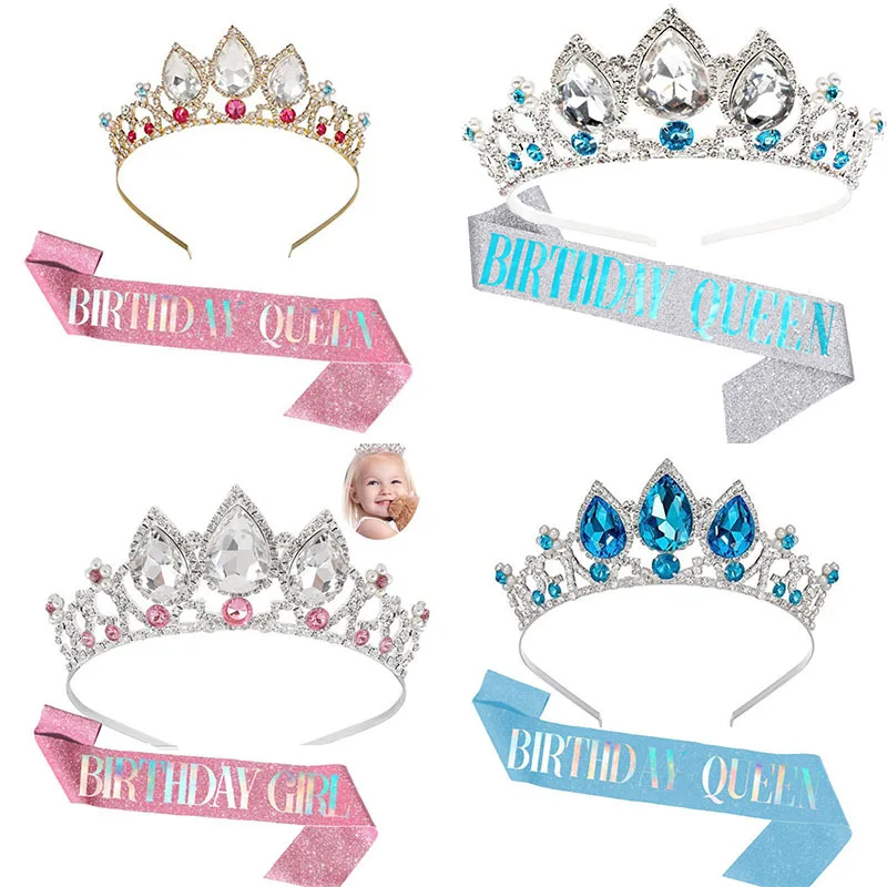 

New BIRTHDAY QUEEN Gemstone Crown Shoulder Strap Female Glitter Pastel Word Etiquette Ribbon Set For Women Birthday Party Favors