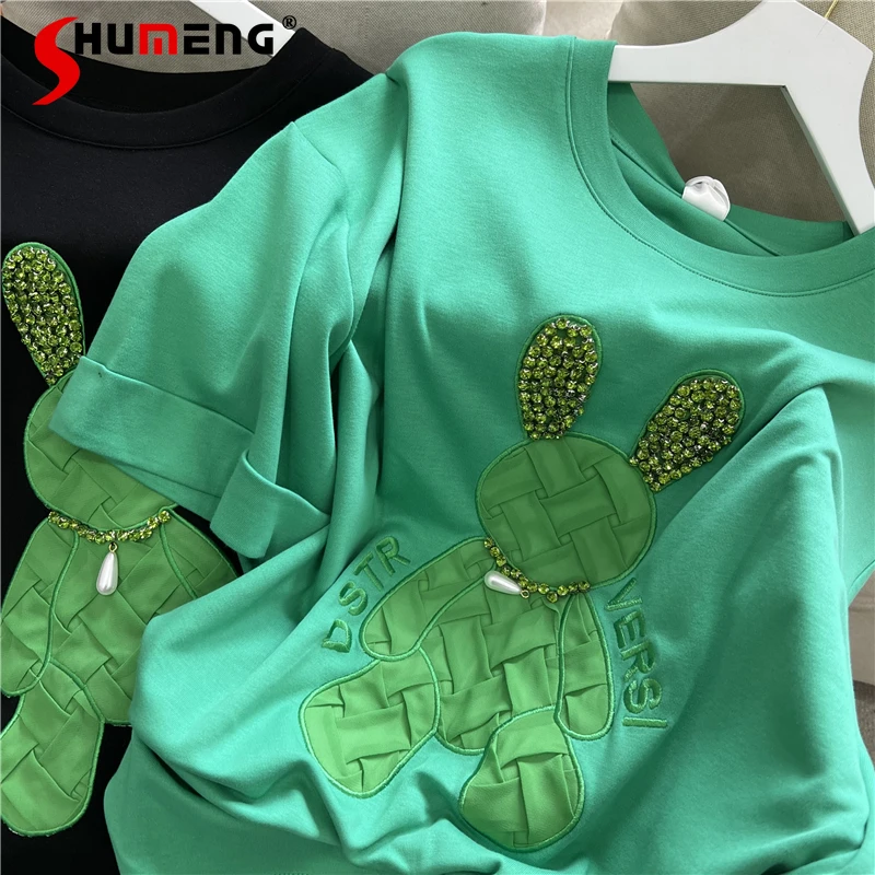 

Beaded Cartoon Embroidered Letters Woven Rabbit Green Oversize Tee Tops for Women Harajuku Loose Short Sleeve T Shirts Ladies