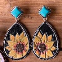 vintage square blue stone earrings boho jewelry ethnic silver color water droplets black pattern sunflower dangle earrings