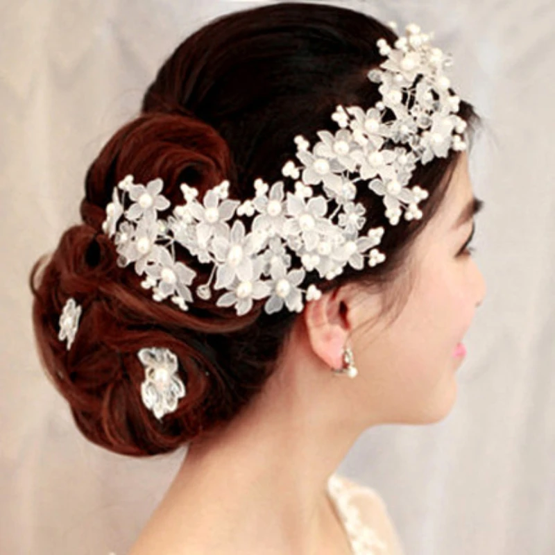 

Bridal Head Flower Pure Handmade Crystal Forehead Korean Pearl Headwear Wedding Hair Accessories