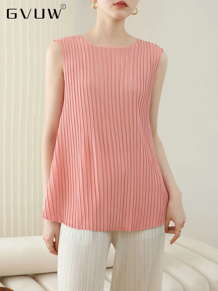 

GVUW Pleated Solid Color Sleeveless T-shirts Summer 2023 Fashion Women Pullover O-neck Female Casual Holiday Clothing 17D2222