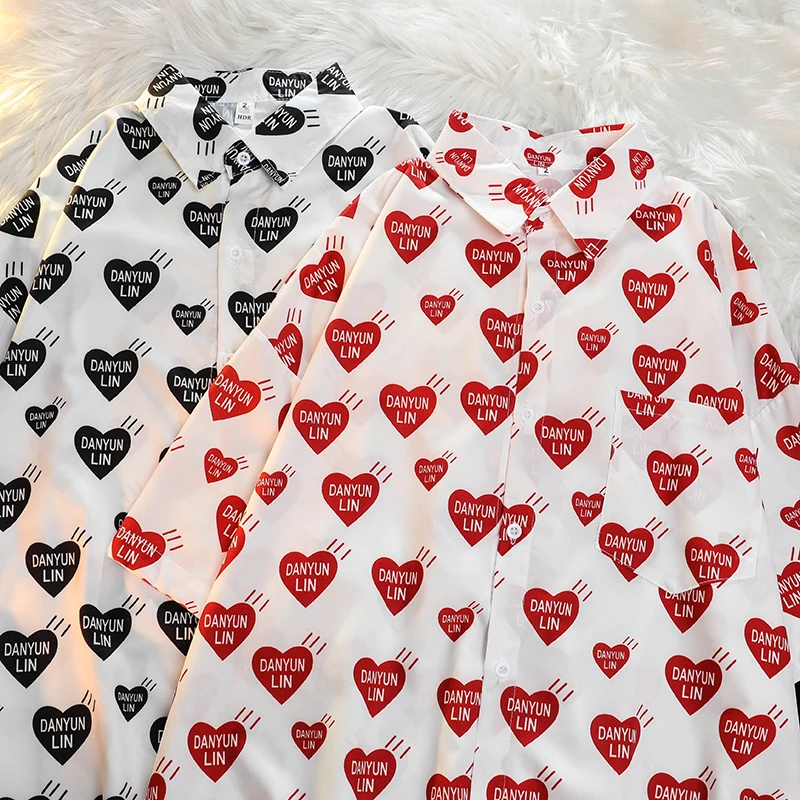 

2022 Summer Oversized Shirt Women Short-Sleeved Top Korean Fashion Heart Print Shirt Couple Clothes HC008