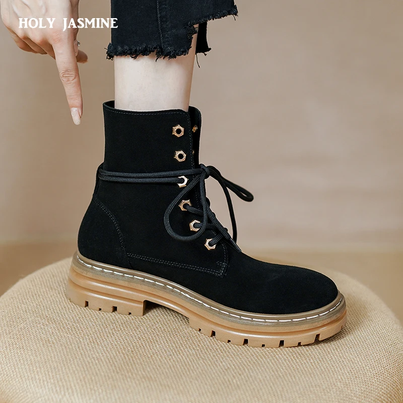 

Vintage Mature Women Ankle Boots Round Toe Platform Boots Kid Suede Leather Lace-Up Shoes Woman 2022 Autumn Winter Office Lady