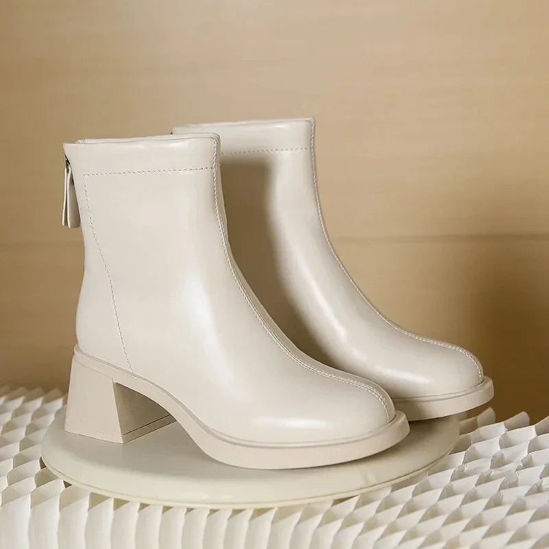 

2024 Spring and Autumn New Fashion Round Head Leather Face Back Zipper Thick Sole Women's Naked Boots Single Boot Women
