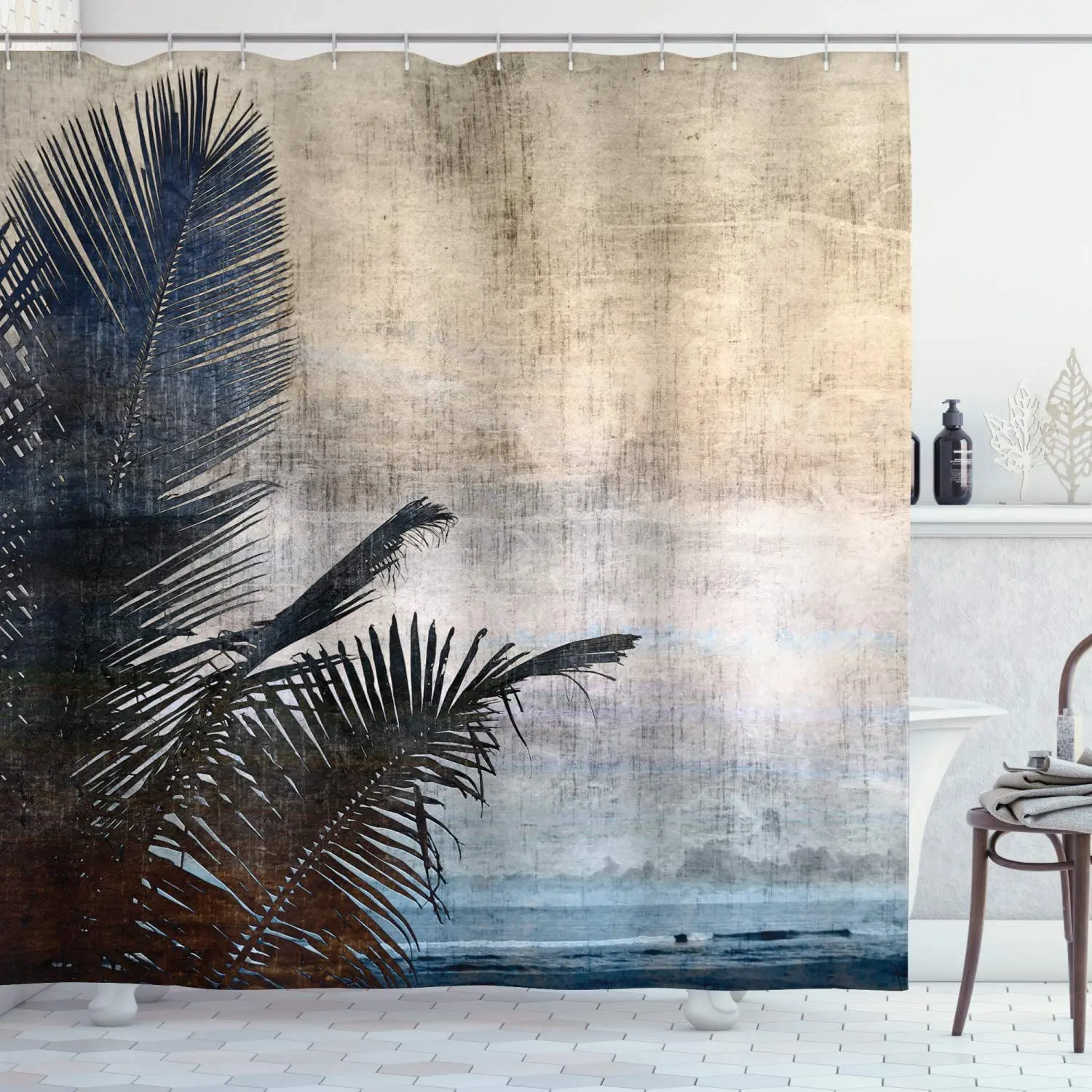 

Hawaiian Shower Curtain, Palm Tree Leaves on Grunge Background with Sea Vintage Waterscape Illustration, Cloth Fabric