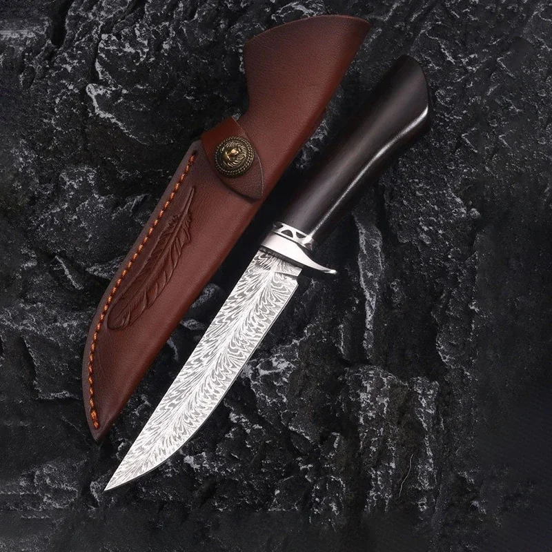 

Охотничий нож с узором из перьев 9cr18mov, клинок с черной ручкой для повседневного использования, кемпинга, самообороны, инструмент для выживания на природе