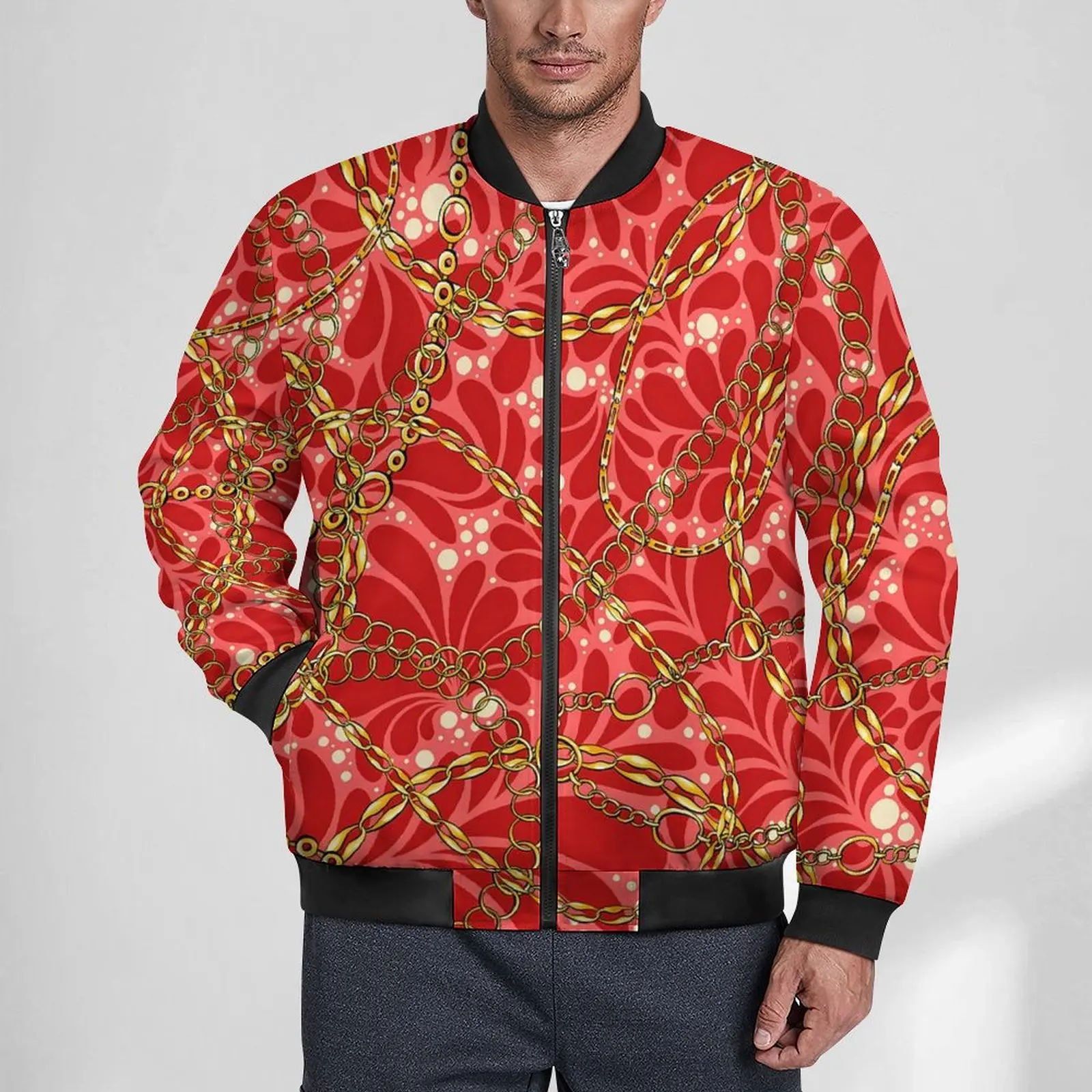 

Golden Chain Jackets Autumn Retro Damask Trendy Casual Coats Man Zipper Loose Windbreakers Printed Oversized Jacket