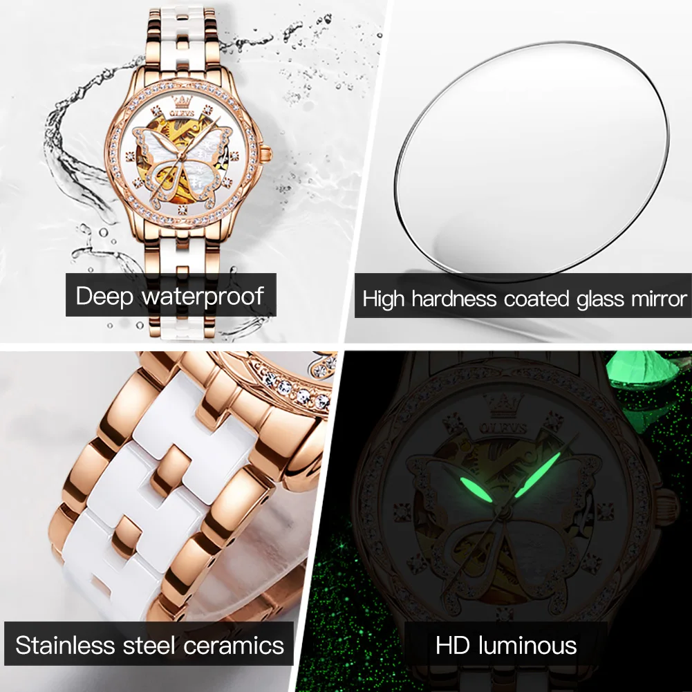 OLEVS Women's Automatic Watches Skeleton Mechanical Ladies Elegant Luxury Dress Butterfly Diamond White Ceramic Band Watch Gift enlarge