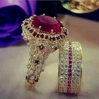 Комплект колец с красным кристаллом для женщин, Роскошные Модные Свадебные обручальные кольца с крупным цирконием, 2 шт.компл.